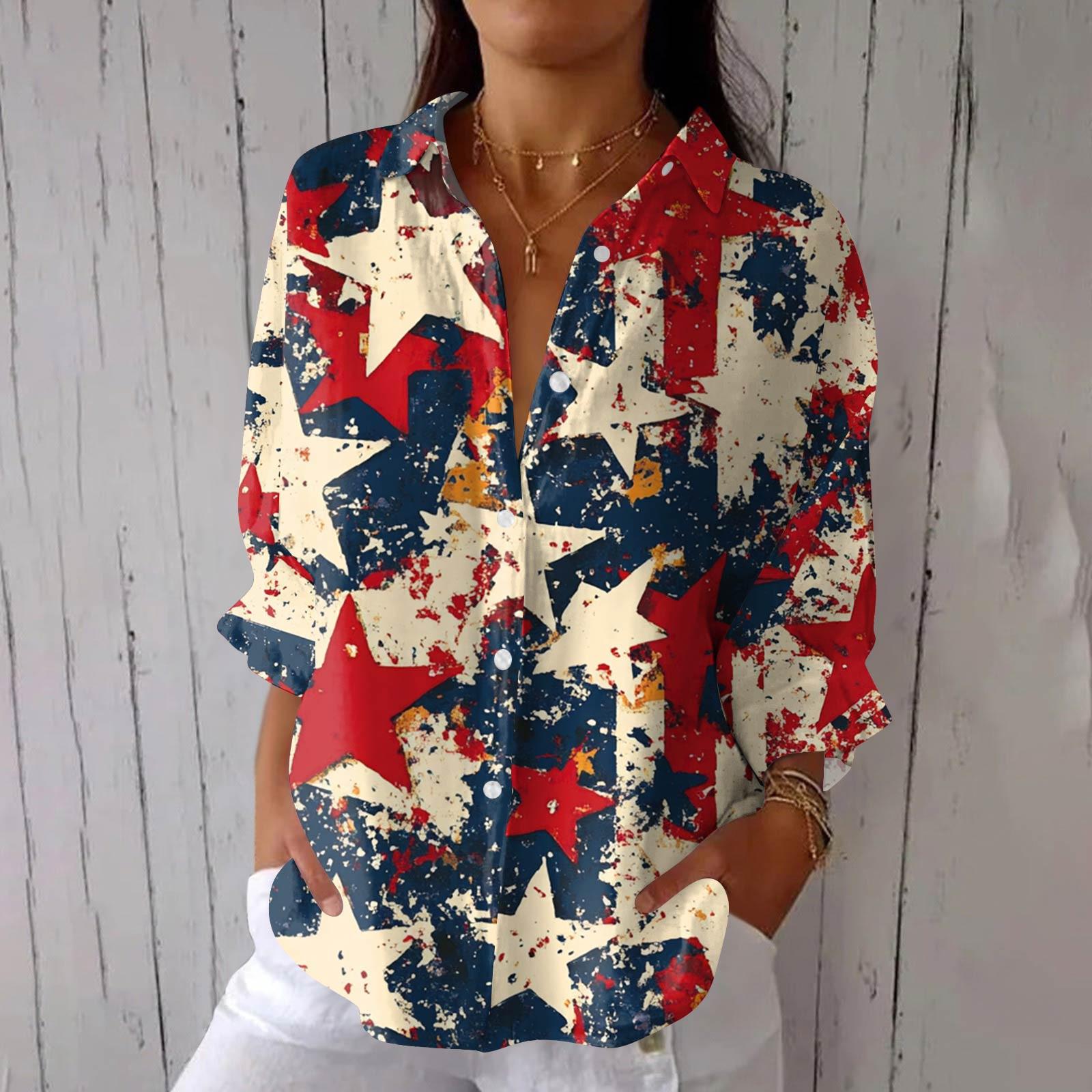 Women s Fashion Seven Sleeve Casual Lapel Back Tie Shirt Independence Day Printed T-Shirt Top M