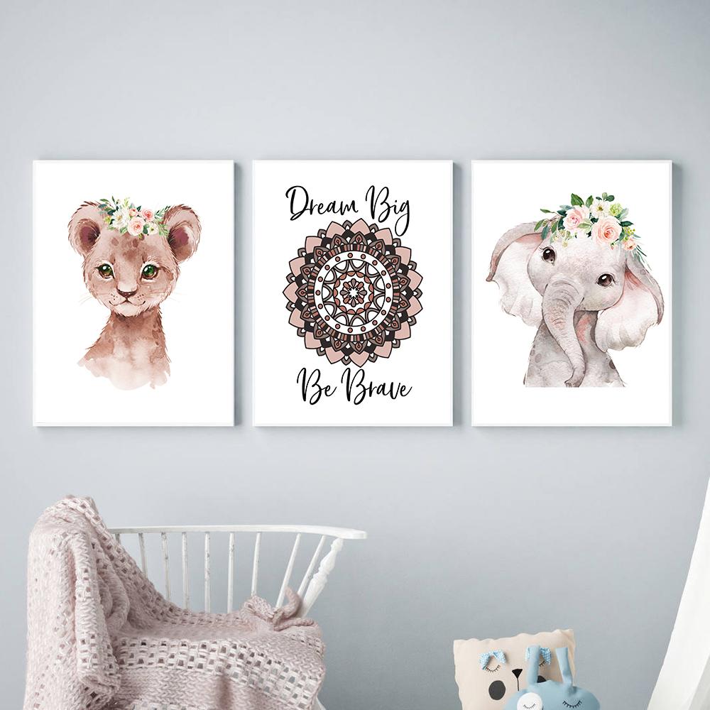 Lion Elephant Print Floral Boho Nursery Wall Art Dream Big Be Brave Canvas Painting Posters Cute Animal Kids Girls Bedroom Decor