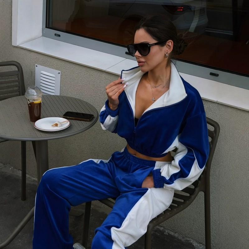Womens Velvet Color Block Tracksuit Stand Collar Zip Crop Top Wide Leg Pants Two Piece Set