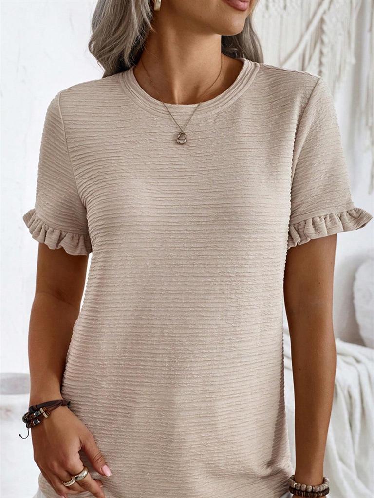 2024 European Summer Women's Ruffle Sleeve Round Neck T-shirt - Comfortable & Versatile Solid Color Top