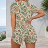 Women Plus Size Paisley Floral Printed V Neck Short Sleeve Button Front Fitted Short Romper