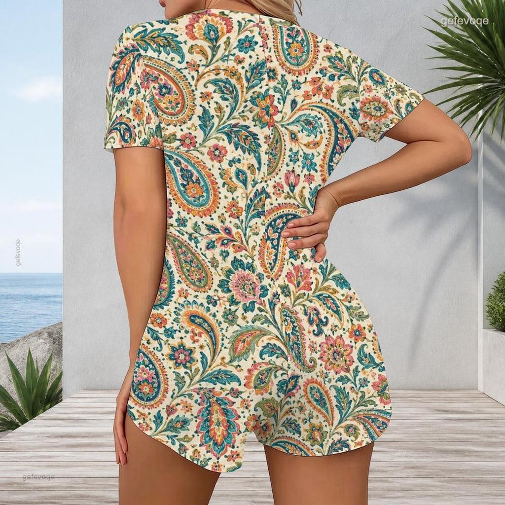 Women Plus Size Paisley Floral Printed V Neck Short Sleeve Button Front Fitted Short Romper
