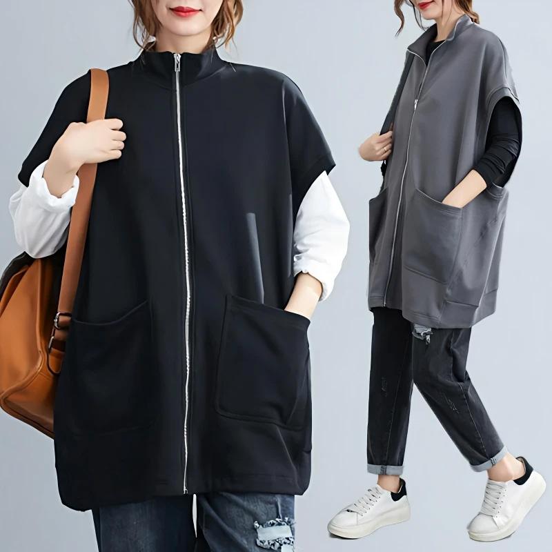 Chaleco para Mujer Algodón Oversize Otoño Color Sólido Cremallera Acolchado Casual Cuello en V Sin Mangas Tops Chaqueta