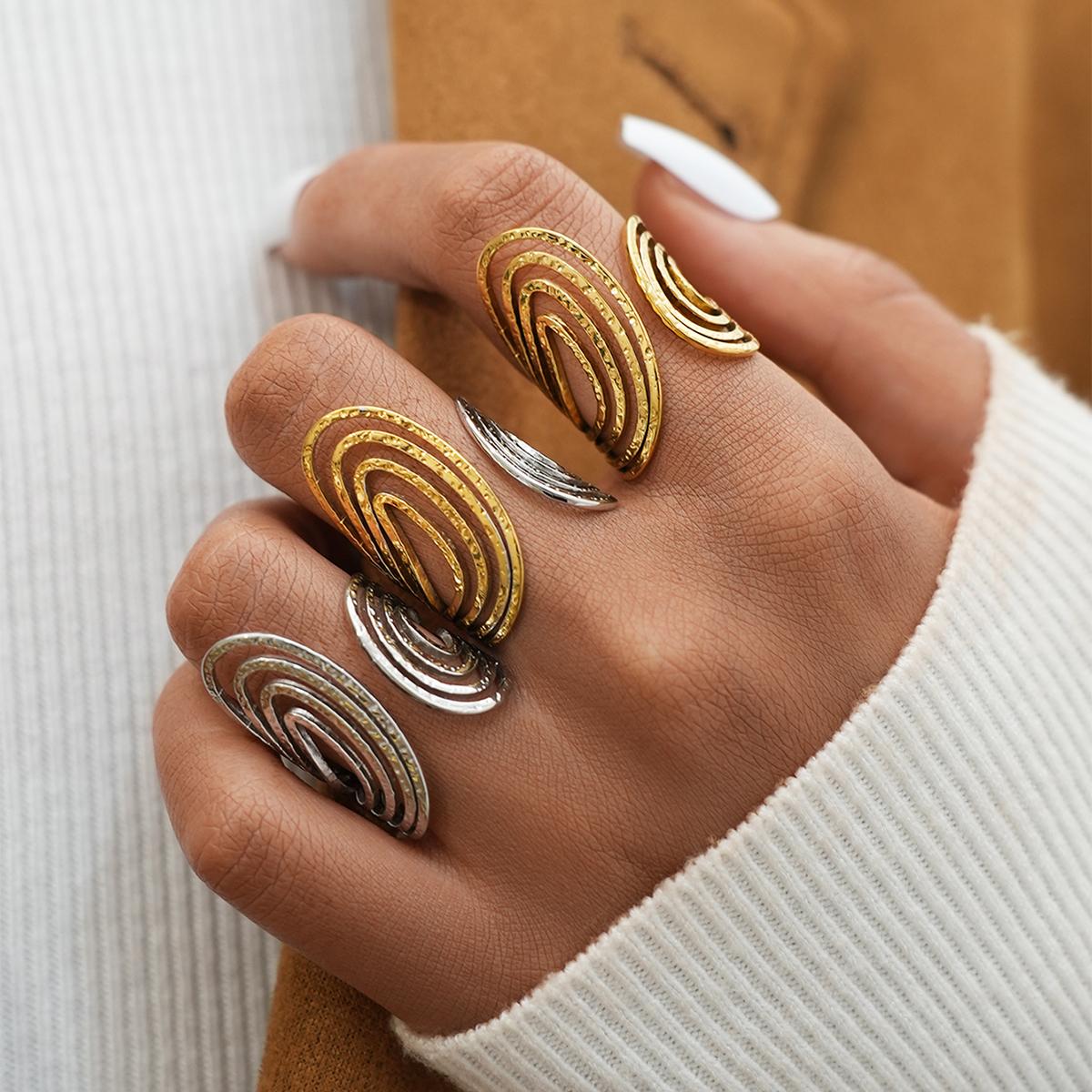 18K Gold Plated Stainless Steel Rings for Women Irregular Geometry Design Hammered Metal Texture Statement Zircon resizable