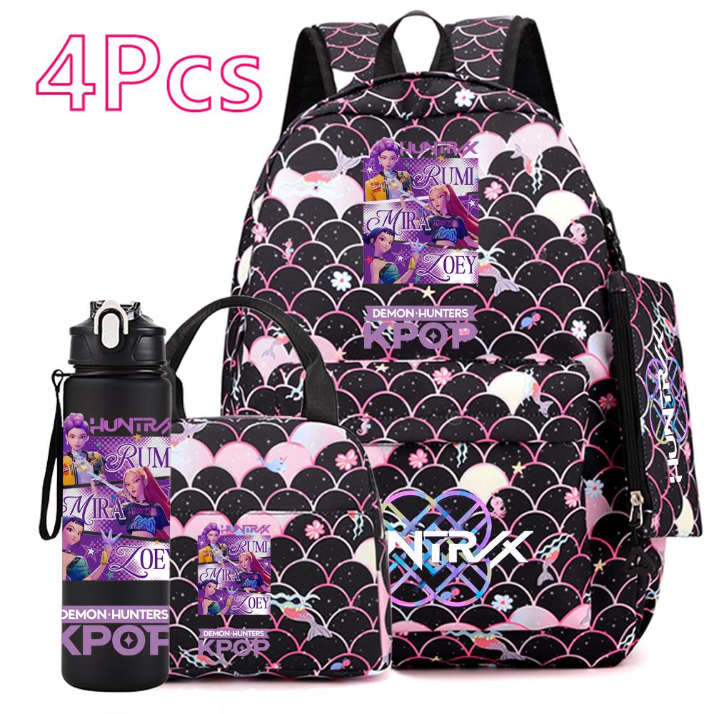 4Pcs/set Anime Cartoon Printed Backpack with Handbag Pencil Case 750Ml Water Bottler for Teenager Boy Girl Large Capacity Bookbag Schoolbag Mochila