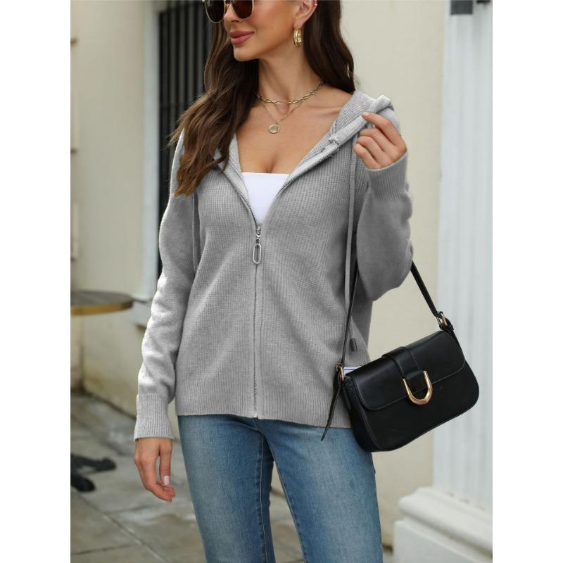 

Вязаный кардиган женский однотонный свитер с капюшоном на молнии вязаный свитер осень и зима свитер на завязках кардиган куртка женский L светло-серый