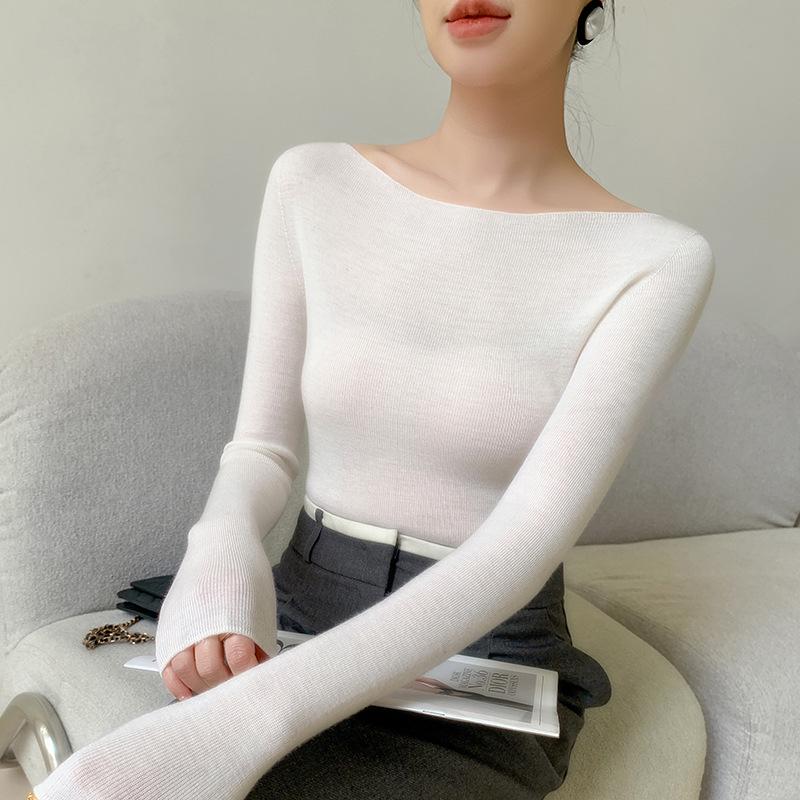 2025 Women's 100% Wool Seamless Slim Fit One-Shoulder Fine Knit Sweater, Machine Washable, 18 Gauge Yangzi Yarn