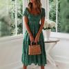 Women Midi Dress with Square Neck Bubble Sleeves A-line Flowy Hem Small Floral Print Patchwork Pleated Shirring Dating Vacation Dress