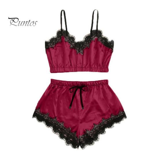 Dámský dvoudílný pyžamový set Krajkový lem Výstřih do V Cami Crop Top Šortky s elastickým pasem Ležérní bez rukávů Noční oblečení Lounge set