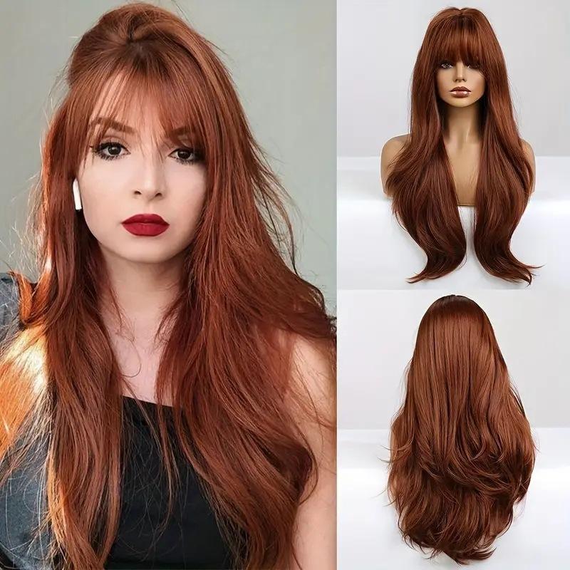 Mode Transfrontalière Réglable Résistante à la Chaleur Longs Cheveux Bouclés Frange Châtain Clair Dentelle Perruque Amincissante pour Visage Femme Densité 130%