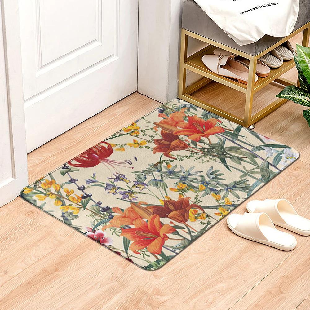 Beautiful Flowers Entrance Door Floor Mat Door Mat Non-Slip Foot Pad Home Welcome Carpet for Hallway Bath Kitchen Doormat