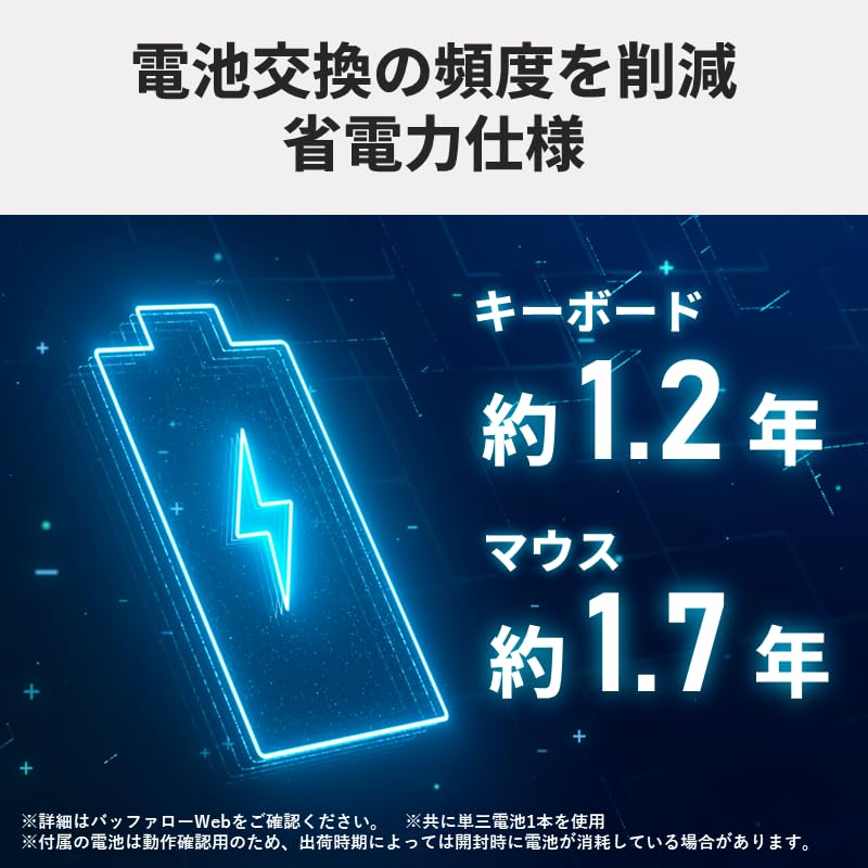 Buffalo Silent Keyboard and Mouse Set, Wireless 2.4GHz, Full Keyboard, 109 Keys, Japanese Layout, 5 Buttons, Blue LED, Black, BSKBW345SBK