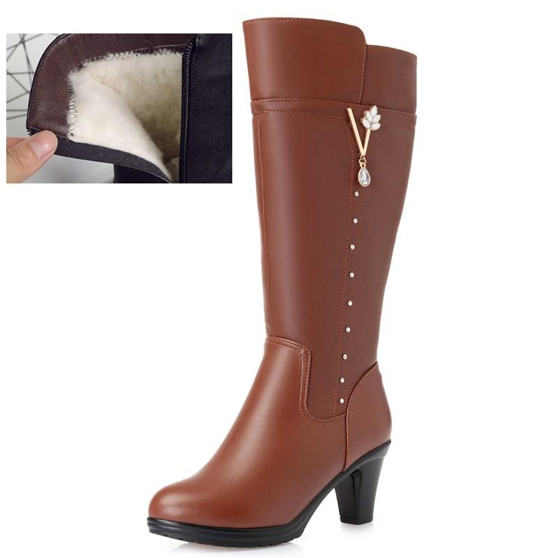 Autumn and Winter New Women's Cotton Boots High Heel Thick Heel Winter Boots Women's Genuine Leather Women's Long Boots