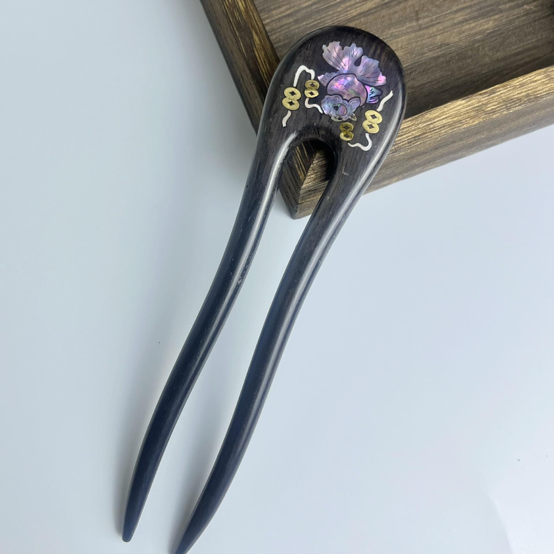 Rich Lionfish Style Lacquerware: Mother-of-Pearl Inlay Sandalwood Hairpin in New Chinese Ancient Design