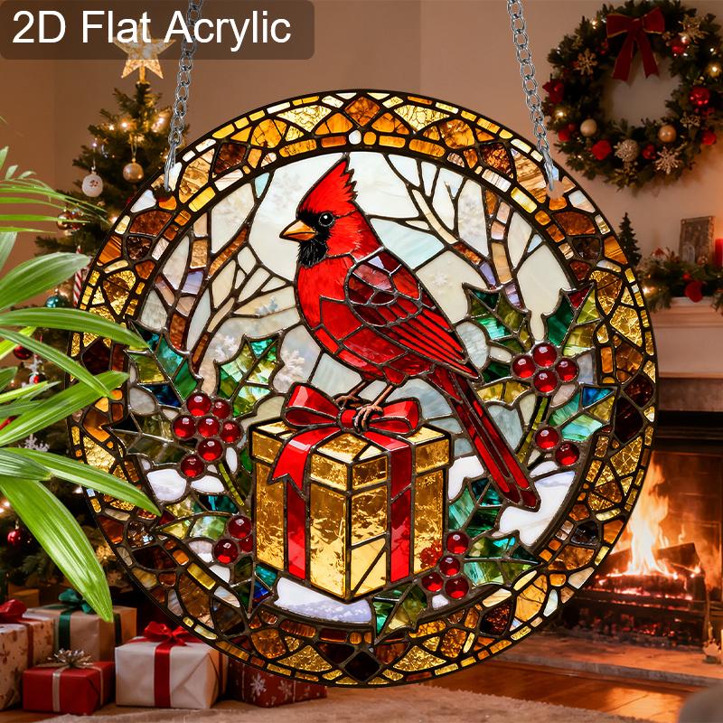 Acrylic Christmas Red Cardinal with Gift Box Suncatcher Stained Glass Effect Window Hanging Ornament Holiday Decor Gifts