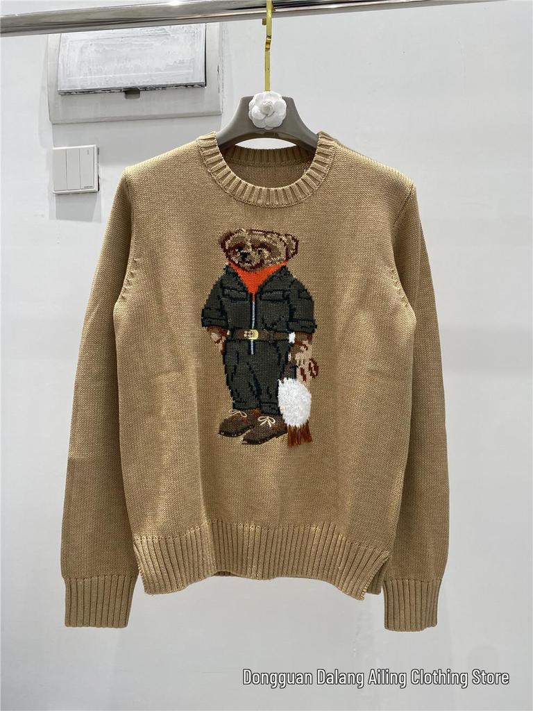 Cartoon Bear Embroidered Jacquard Knit Sweater - Women's Long Sleeve Round Neck