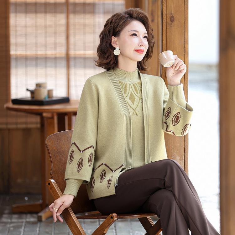 National Style Sweater Suit Fashionable Cardigan Jacket Middle-aged and Elderly Women's Mothers' New Style Plus Velvet Warm Two-piece Set