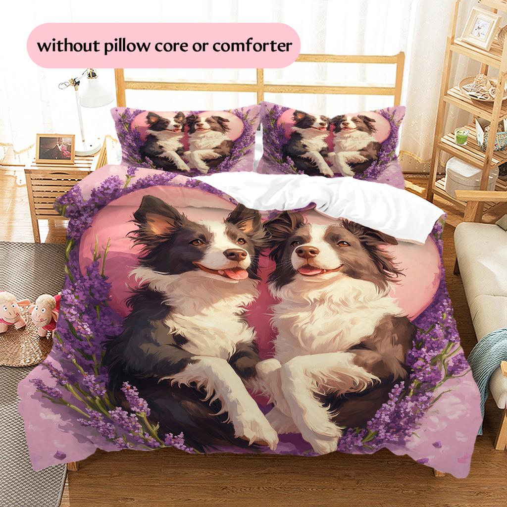 Pink Border Collie Pattern Bedding Home Decoration Birthday Gift (1 * duvet cover + 2 * pillowcase, without core)