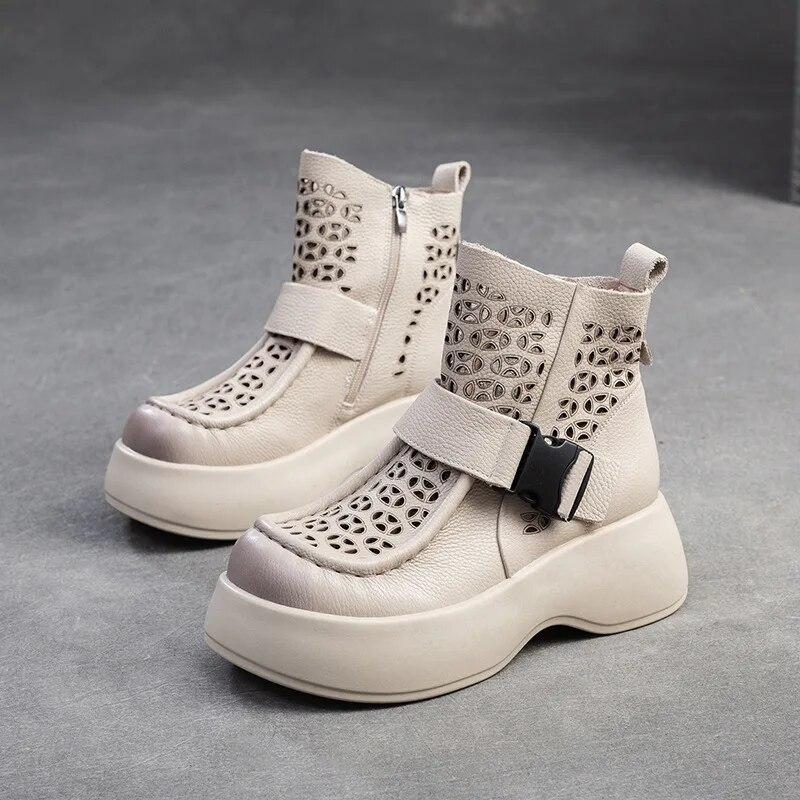 Johnature Breathable Hollow-out Boots Genuine Leather Lightweight Platform Sandals Thick Sole Women's Shoes