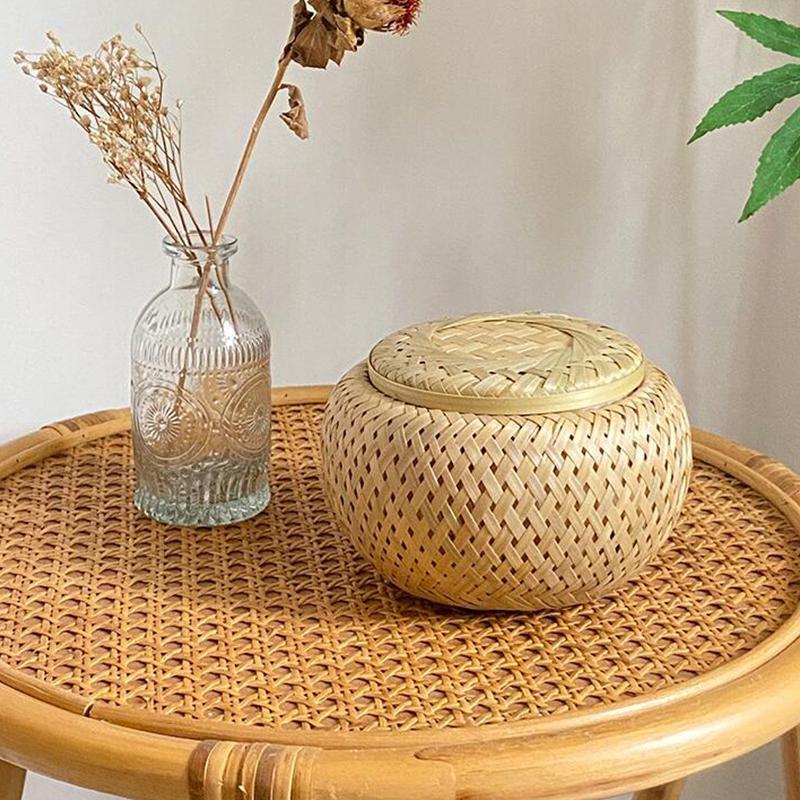 Bamboo Storage Basket Double Layer with Cover Handmade Woven Tea Basket Tabletop Storage Box for Tea Fruit Dried Fruit Snack