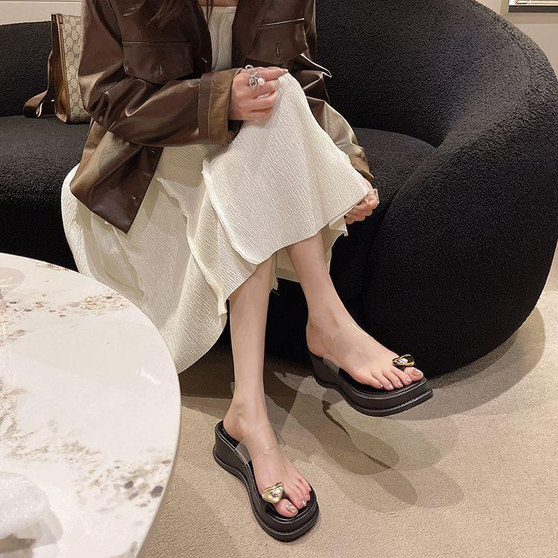 Muffin thick-soled wedge sandals women's spring and summer wear 2025 new Internet celebrity transparent one-word with toe fashion sandals