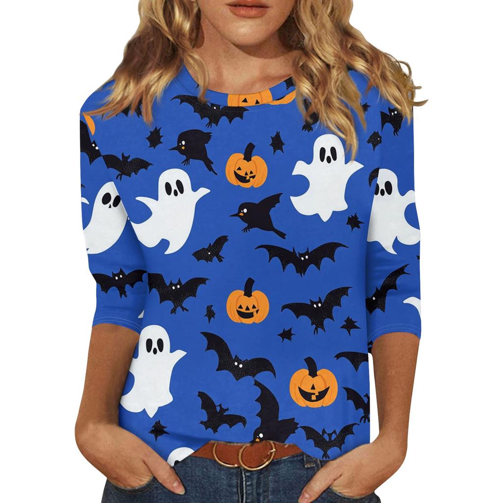 Damenmode Lässig Dreiviertelärmel Halloween-Print Rundhals-Top