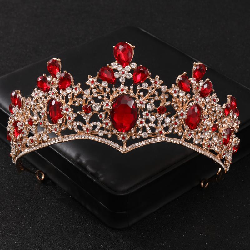 Baroque Red Crystal Tiaras and Crowns Prom Rhinestone Bridal Diadem Crown Taira for Women Wedding Hair Accessories Jewelry Crown