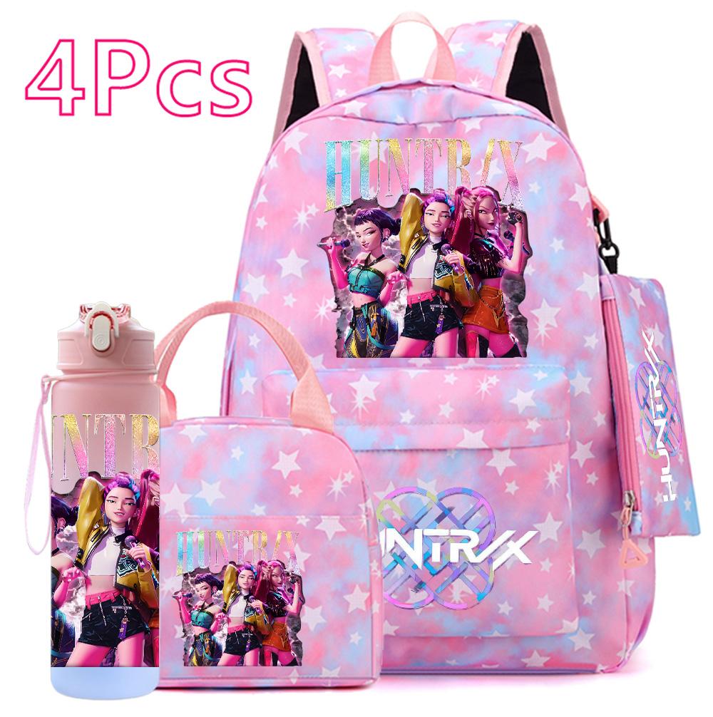 4 Stück/Set KPOP Rucksack mit Handtasche Federmäppchen 750 ml Wasserflasche für Teenager Junge Mädchen Große Kapazität Schulrucksack Cartoon-Aufdruck Schultasche Mochila