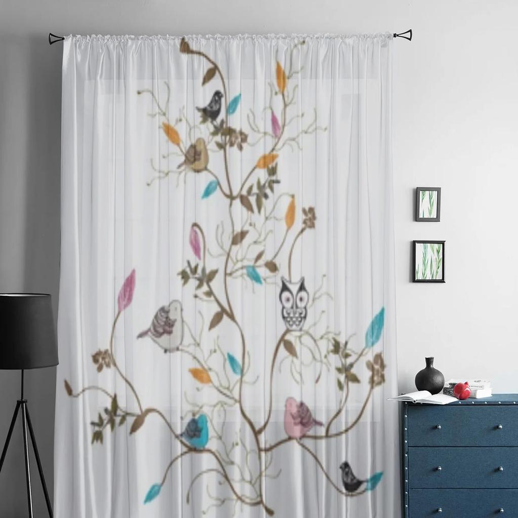 Cortinas transparentes de pássaros em galhos para sala de estar, quarto infantil, cortinas de tule, tratamento de janela de cozinha
