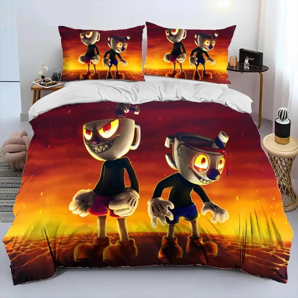 Parure de lit dessin animé Cuphead et Mugman pour garçons et filles, housse de couette double, queen size, taie d'oreiller, lit pour enfants et adultes, textile de maison