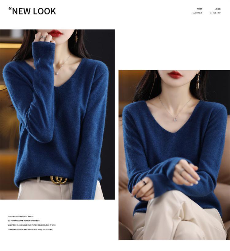 Women's Retro V-Neck 100% Wool Sweater – Seamless, Loose Fit, Autumn/Winter Commuting Essential