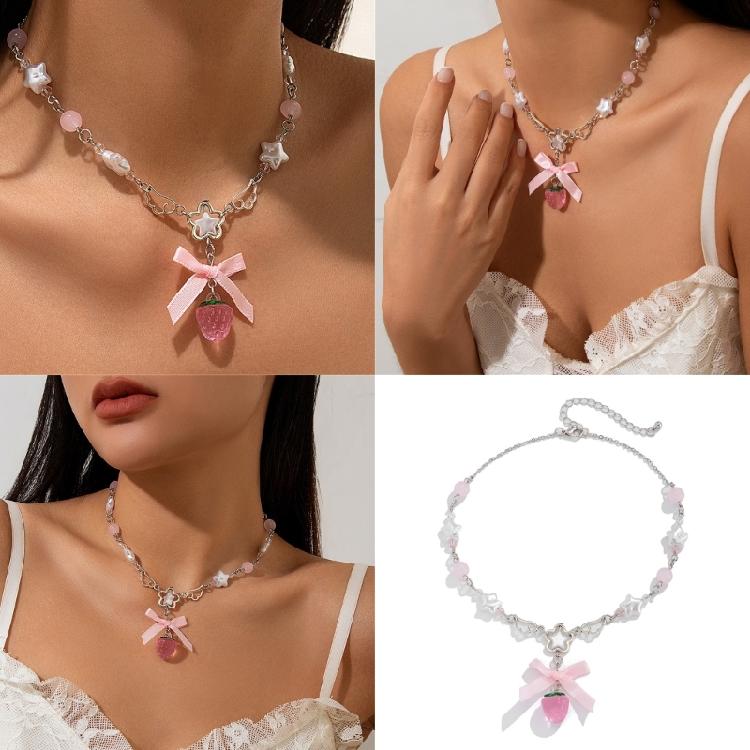 Stylish Strawberry Heart Necklace with Bowknot Accent Portable for Trendy Women Girls Sweet Fashion Statement Pieces