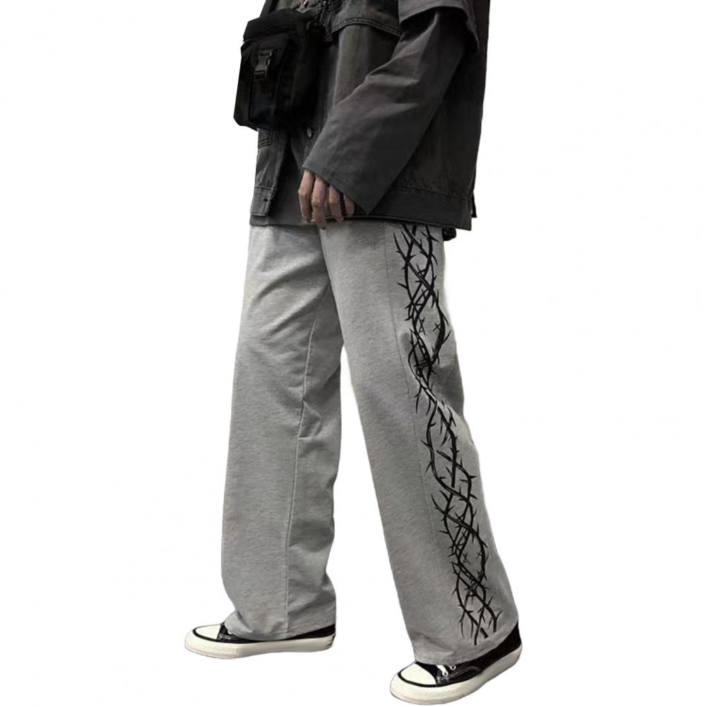 Men Pants Thorn Print Wide Leg Straight High Street Style Loose Retro Elastic Waist Full Length Youthful Teenager Travel Outdoor