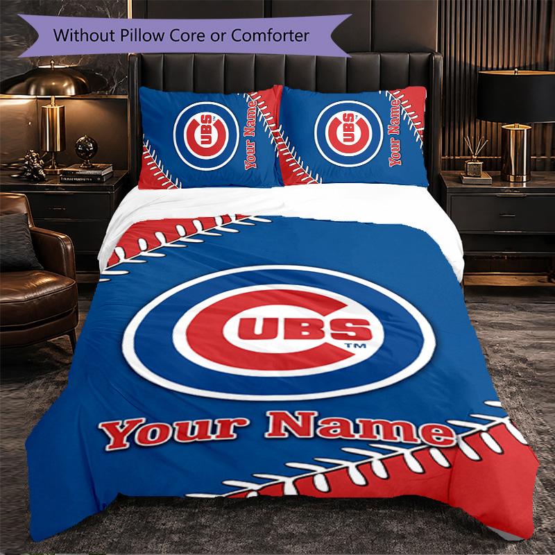 Chicago Cubs Customized Name Text Bedding Set, 1 Duvet Cover & 2 Pillowcases Personalized Bedroom Gift