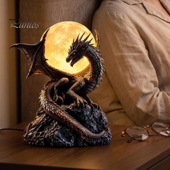 Resin Dragon Sculpture Gothic Moon Statue Lamp, Figurine LED Night Light, Unique Ambient Lighting Sculptural Table Lamp for Room Fantasy Decor, Lovers