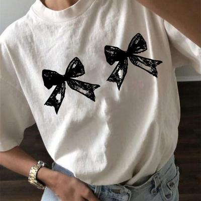 Sommer Damen Modische Doppel Schleife Print Lässig Locker Rundhals Kurzarm T-Shirts Damen