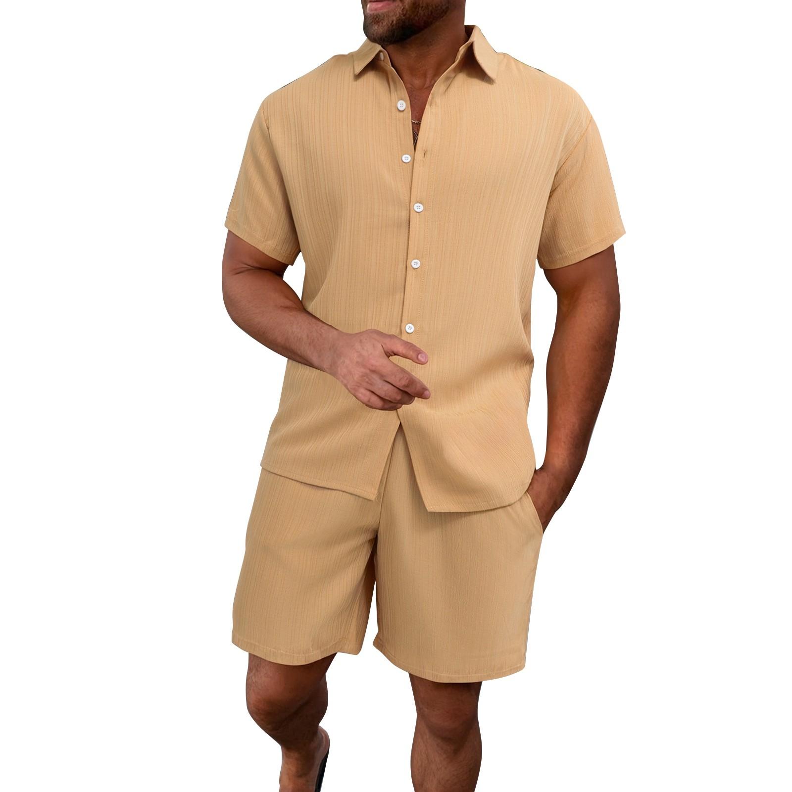 

Men s Summer Hawaiian Solid Stripe Textured Button Shirt Shorts Set L хакі