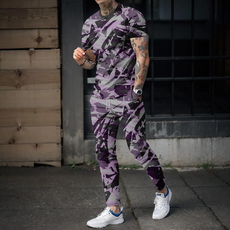 Neuer Sommer Herren lange Hose Sportbekleidung 2-teiliges Set 3D Retro Militärstil Outdoor Kurzarm T-Shirt+lange Hose Streetwear