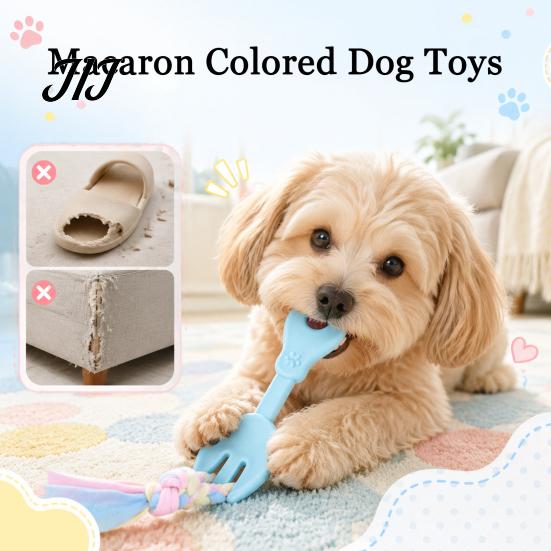 Pet Exercise And Bonding Toys Molar Teeth Cleaning Fork Toy, Durable Woven Rope Training Macaron for Dogs Colors Interactive TPR Chew Toy Gum Massage