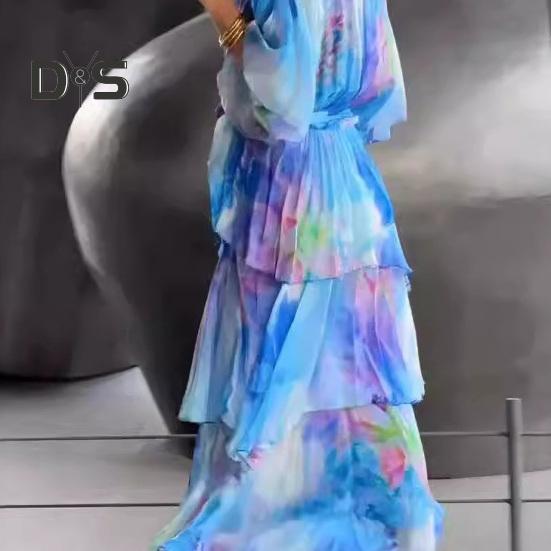 Damenkleid, mehrlagig, verstreuter Kuchensaum, plissiert, V-Ausschnitt, verträumte Farben, Rüschen, Schnürung, schmale Taille, Fledermausärmel, Abendkleid, Strandparty, Abschlussball, Maxi