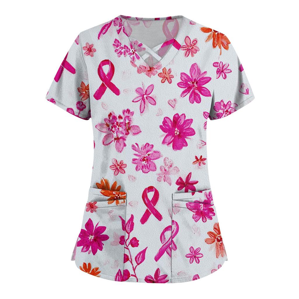 Women's Fashion V-Neck Short Sleeve Overalls Double Layer Pocket Printed Tops Apparel