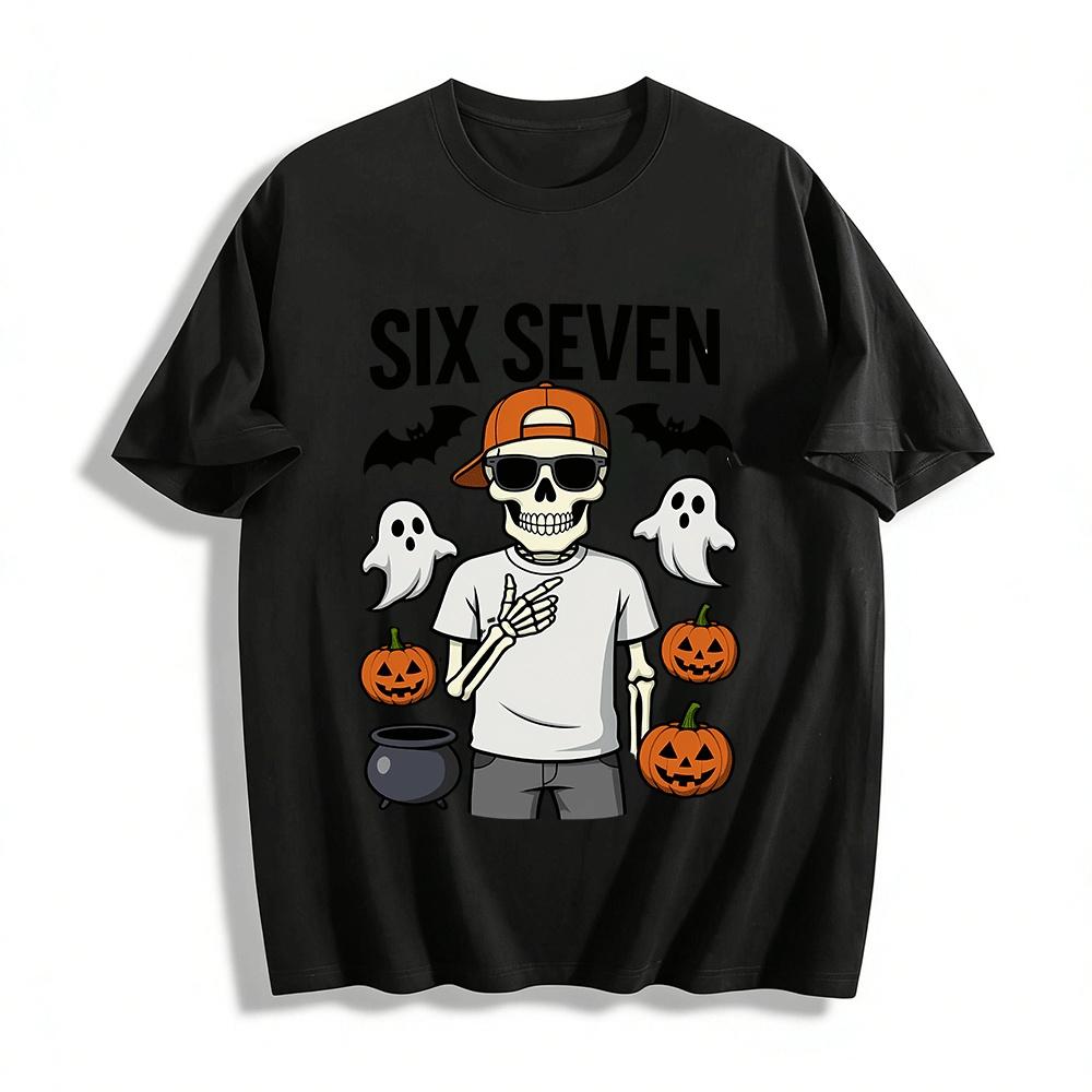 Halloween Skeleton Gesture Print Tee Six Seven Plus Size Holiday Top Pure cotton T-shirt XXS