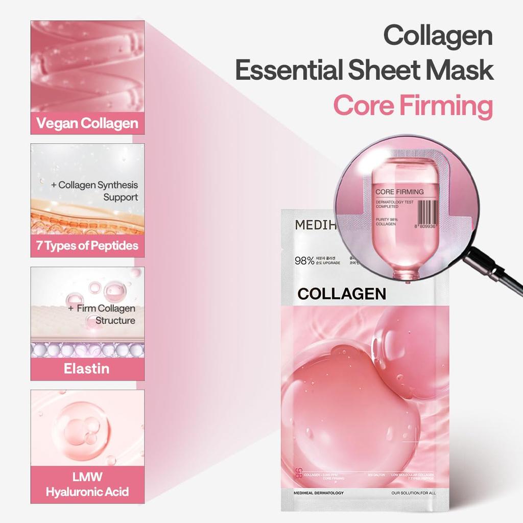 Mediheal Kollagen Essential Sheet Maske Kernstraffend 10 Stück. 98% Veganes Kollagen für Straffung, Elastizität und Verbesserung der Hautdichte.