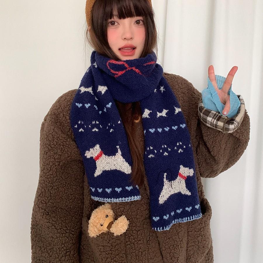 Japanese Navy Blue Puppy Knitted Scarf Female Winter Cute Shopping Atmosphere Versatile Warm Student Wool Scarf