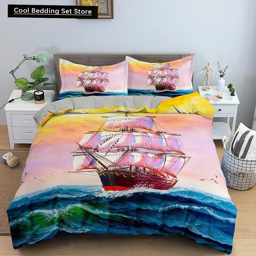 Nautical Sailboat Duvet Cover Queen King Size 3D Oil Painting Boat Style Bedding Set Ocean Soft 2/3pcs Polyester Quilt Cover