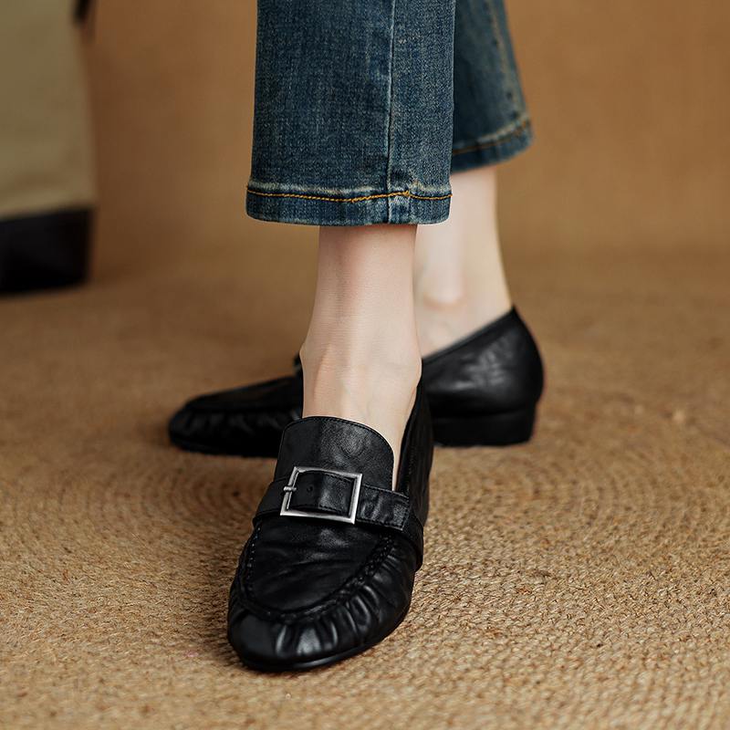 Krazing Pot Cow Skin Spring Summer Size 40 Loafers Thick Low Heels Pleated Decoration Women Round Toe Leisure Pumps