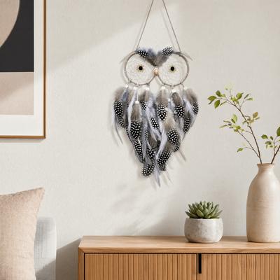 18.8in Grey Owl Wall Hanging Owl Handmade Dreamcatcher Owl Dreamcatcher  Window Wall Hanging