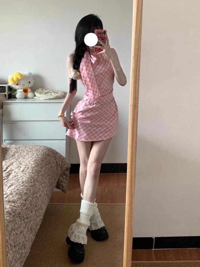 Pink Plaid Bow Neck Dress Women's Summer New Irregular Slim and Thin Sexy Hip Skirt