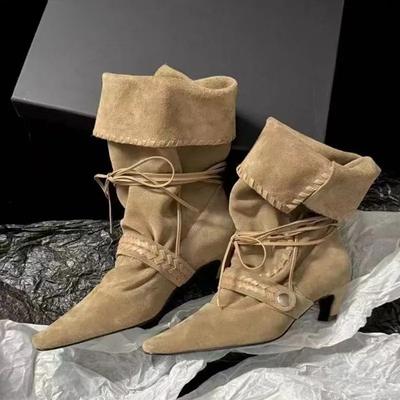 Herbst Winter Wildlederimitat Web Schnürstiefel Damen Motorradstiefel Mode Hohe Absätze Chelsea Western Mid-Calf Kurze Stiefeletten Schuhe