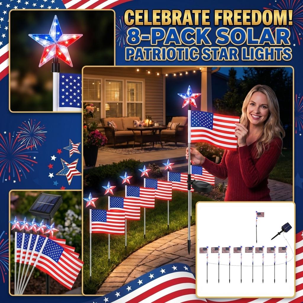 8 Pack Solar American Flag Stake Lights With 8 Modes - Patriotic Red Blue LED Outdoor Yard Garden Decorations For 4th